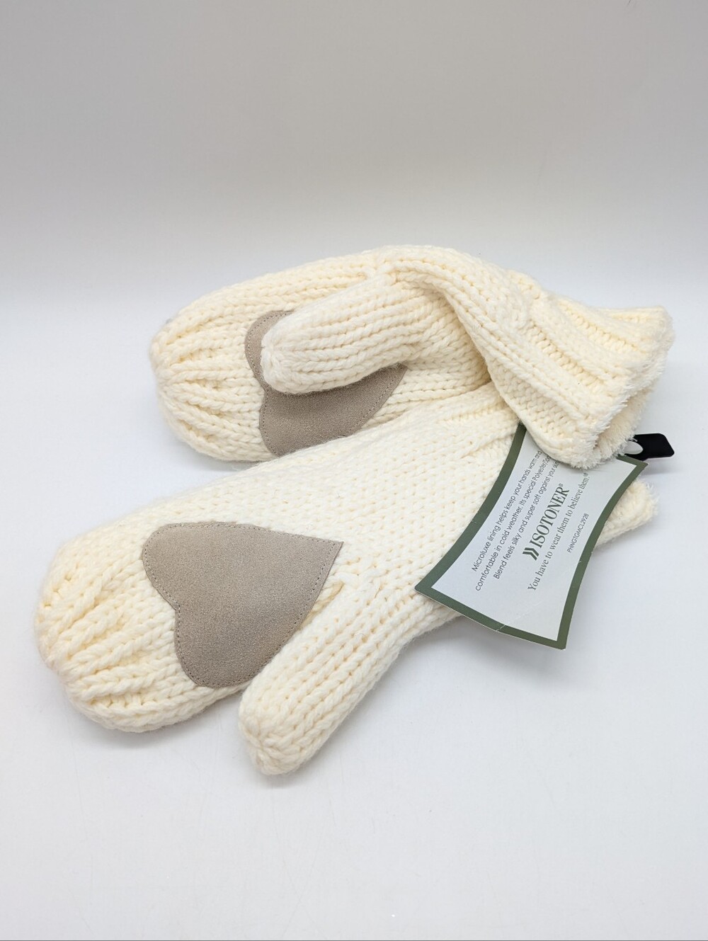 Isotoner Cream Off White Heart Palm Mittens OS